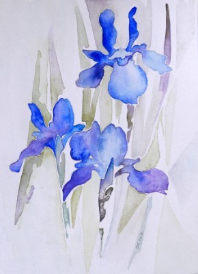 Aquarellbild dreier abstrakter  Irisblüten in Blautönen
